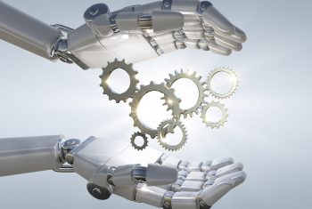 3D rendering robot hand holding metal 3D mechanical gear in light overlay background.
